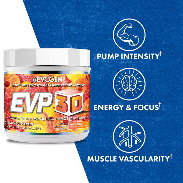 Evogen | EVP-3D | Non-Stimulant Pre-Workout Powder | Peach Rings Flavor | Product Call Outs