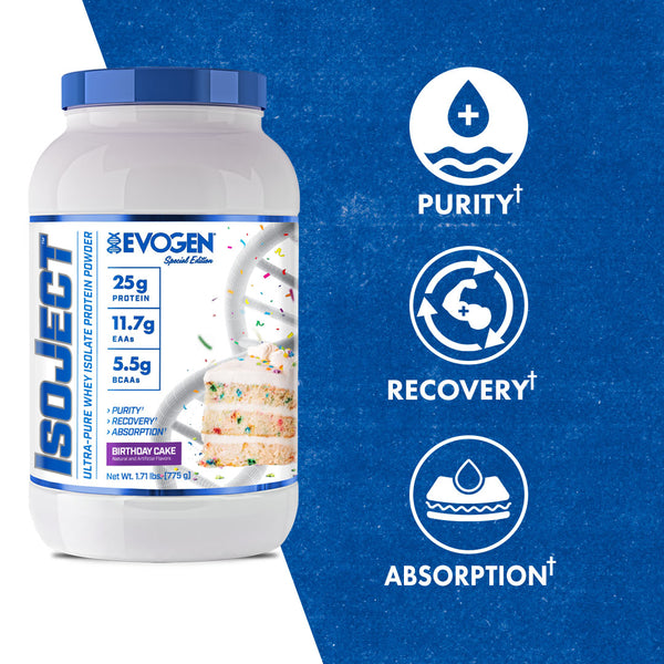 Evogen | IsoJect | Whey Isolate Protein Powder| Birthday Cake Flavor | Product Call Outs