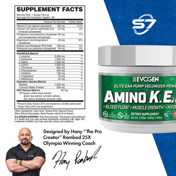 Evogen | Amino K.E.M. | Elite EAA Pump Volumizer Powder | Naturally Sweetened | Raspberry Lemonade Flavor | Supplement Fact Panel Image