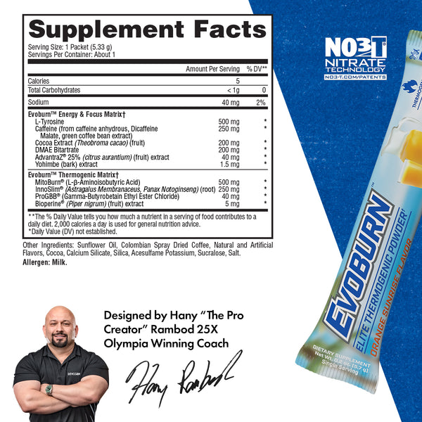 Evogen | Evoburn Travel Packet | Elite Thermogenic Powder | Orange Sunrise Flavor | Supplement Facts Panel Image 